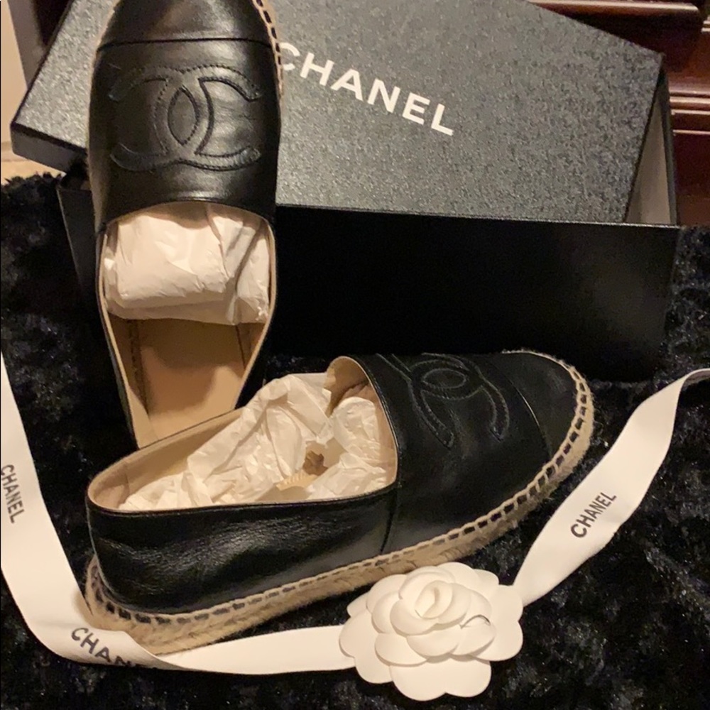 Chanel Black Leather Espadrilles